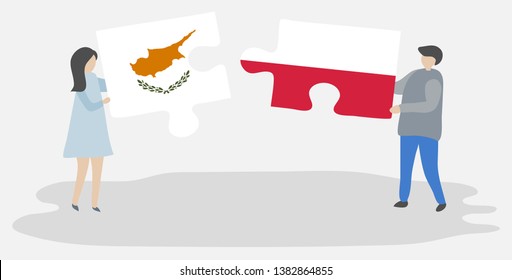 Couple holding two puzzles pieces with Cypriot and Polish flags. Cyprus and Poland national symbols together.