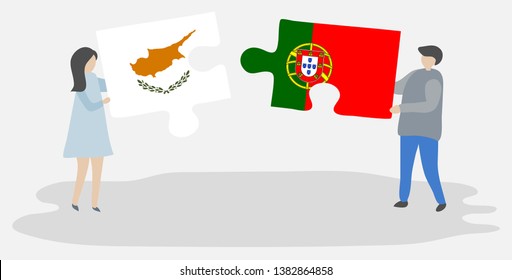 Couple holding two puzzles pieces with Cypriot and Portuguese flags. Cyprus and Portugal national symbols together.