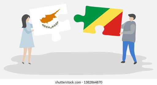 Couple holding two puzzles pieces with Cypriot and Congolese flags. Cyprus and Republic of the Congo national symbols together.