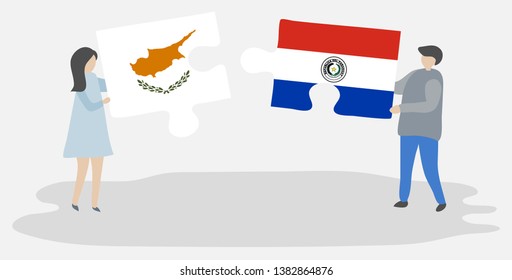Couple holding two puzzles pieces with Cypriot and Paraguayan flags. Cyprus and Paraguay national symbols together.