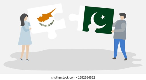 Couple holding two puzzles pieces with Cypriot and Pakistani flags. Cyprus and Pakistan national symbols together.