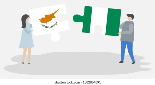 Couple holding two puzzles pieces with Cypriot and Nigerian flags. Cyprus and Nigeria national symbols together.