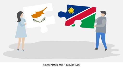 Couple holding two puzzles pieces with Cypriot and Namibian flags. Cyprus and Namibia national symbols together.