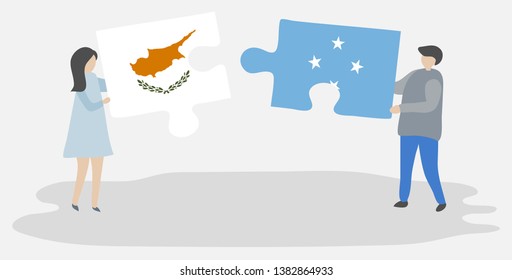Couple holding two puzzles pieces with Cypriot and Micronesian flags. Cyprus and Micronesia national symbols together.