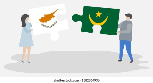 Couple holding two puzzles pieces with Cypriot and Mauritanian flags. Cyprus and Mauritania national symbols together.