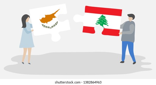 Couple holding two puzzles pieces with Cypriot and Lebanese flags. Cyprus and Lebanon national symbols together.