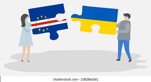 Couple holding two puzzles pieces with Cabo Verdean and Ukrainian flags. Cape Verde and Ukraine national symbols together.