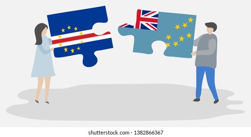 Couple holding two puzzles pieces with Cabo Verdean and Tuvaluan flags. Cape Verde and Tuvalu national symbols together.
