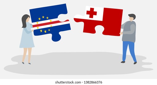 Couple holding two puzzles pieces with Cabo Verdean and Tongan flags. Cape Verde and Tonga national symbols together.