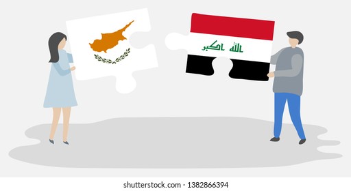 Couple holding two puzzles pieces with Cypriot and Iraqi flags. Cyprus and Iraq national symbols together.