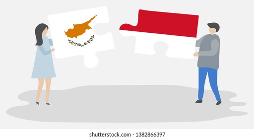 Couple holding two puzzles pieces with Cypriot and Indonesian flags. Cyprus and Indonesia national symbols together.