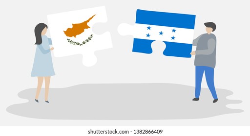 Couple holding two puzzles pieces with Cypriot and Honduran flags. Cyprus and Honduras national symbols together.