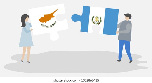 Couple holding two puzzles pieces with Cypriot and Guatemalan flags. Cyprus and Guatemala national symbols together.