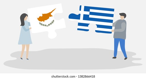Couple holding two puzzles pieces with Cypriot and Greek flags. Cyprus and Greece national symbols together.
