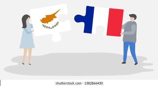 Couple holding two puzzles pieces with Cypriot and French flags. Cyprus and France national symbols together.