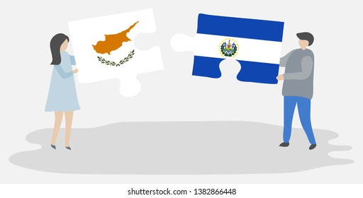 Couple holding two puzzles pieces with Cypriot and Salvadoran flags. Cyprus and El Salvador national symbols together.