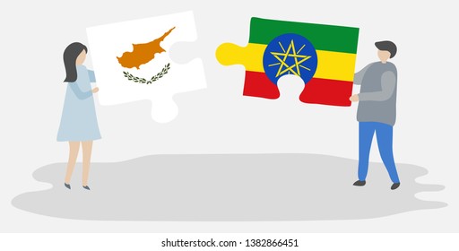Couple holding two puzzles pieces with Cypriot and Ethiopian flags. Cyprus and Ethiopia national symbols together.