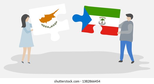 Couple holding two puzzles pieces with Cypriot and Equatorial Guinean flags. Cyprus and Equatorial Guinea national symbols together.