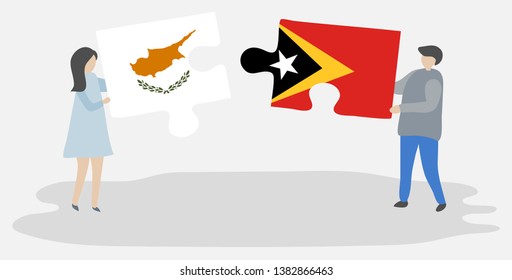 Couple holding two puzzles pieces with Cypriot and Timorese flags. Cyprus and East Timor national symbols together.