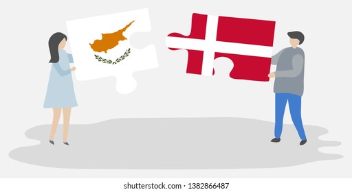 Couple holding two puzzles pieces with Cypriot and Danish flags. Cyprus and Denmark national symbols together.