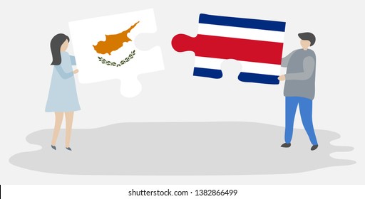Couple holding two puzzles pieces with Cypriot and Costa Rican flags. Cyprus and Costa Rica national symbols together.