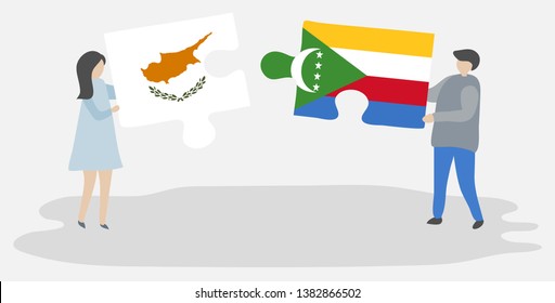 Couple holding two puzzles pieces with Cypriot and Comoran flags. Cyprus and Comoros national symbols together.