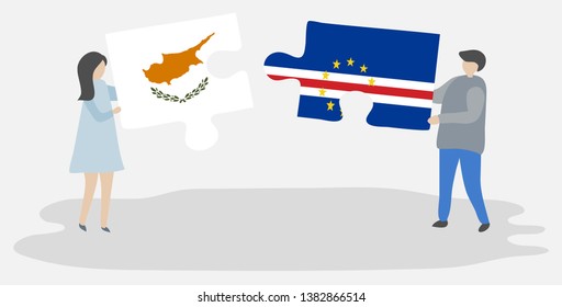 Couple holding two puzzles pieces with Cypriot and Cabo Verdean flags. Cyprus and Cape Verde national symbols together.