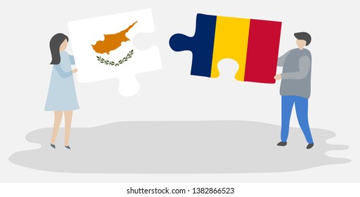 Couple holding two puzzles pieces with Cypriot and Chadian flags. Cyprus and Chad national symbols together.