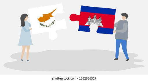 Couple holding two puzzles pieces with Cypriot and Cambodian flags. Cyprus and Cambodia national symbols together.