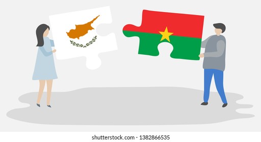 Couple holding two puzzles pieces with Cypriot and Burkinabe flags. Cyprus and Burkina Faso national symbols together.