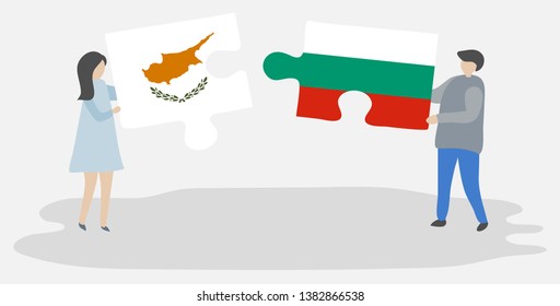 Couple holding two puzzles pieces with Cypriot and Bulgarian flags. Cyprus and Bulgaria national symbols together.