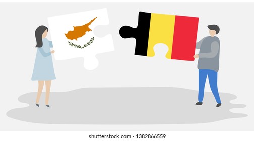 Couple holding two puzzles pieces with Cypriot and Belgian flags. Cyprus and Belgium national symbols together.