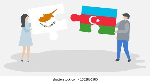 Couple holding two puzzles pieces with Cypriot and Azerbaijani flags. Cyprus and Azerbaijan national symbols together.