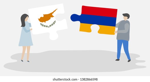 Couple holding two puzzles pieces with Cypriot and Armenian flags. Cyprus and Armenia national symbols together.