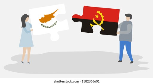 Couple holding two puzzles pieces with Cypriot and Angolan flags. Cyprus and Angola national symbols together.