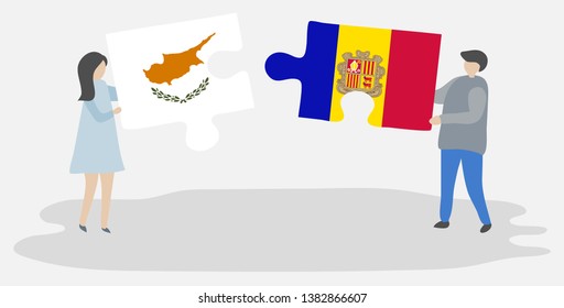 Couple holding two puzzles pieces with Cypriot and Andorran flags. Cyprus and Andorra national symbols together.
