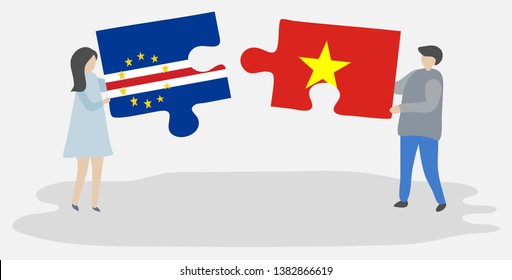 Couple holding two puzzles pieces with Cabo Verdean and Vietnamese flags. Cape Verde and Vietnam national symbols together.