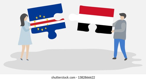 Couple holding two puzzles pieces with Cabo Verdean and Yemeni flags. Cape Verde and Yemen national symbols together.