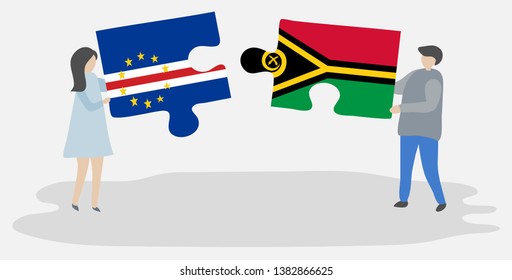 Couple holding two puzzles pieces with Cabo Verdean and Vanuatuan flags. Cape Verde and Vanuatu national symbols together.