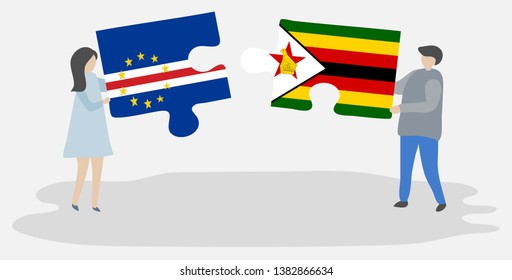 Couple holding two puzzles pieces with Cabo Verdean and Zimbabwean flags. Cape Verde and Zimbabwe national symbols together.