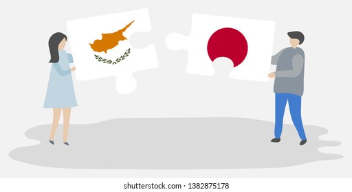 Couple holding two puzzles pieces with Cypriot and Japanese flags. Cyprus and Japan national symbols together.