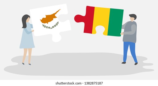 Couple holding two puzzles pieces with Cypriot and Guinean flags. Cyprus and Guinea national symbols together.