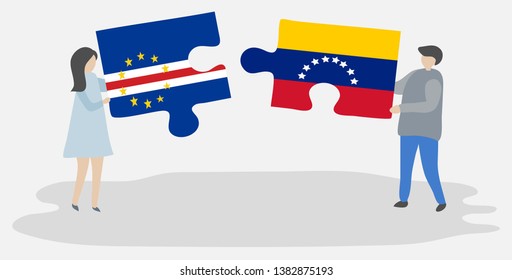 Couple holding two puzzles pieces with Cabo Verdean and Venezuelan flags. Cape Verde and Venezuela national symbols together.