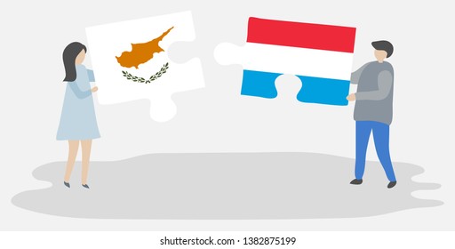 Couple holding two puzzles pieces with Cypriot and Luxembourgish flags. Cyprus and Luxembourg national symbols together.