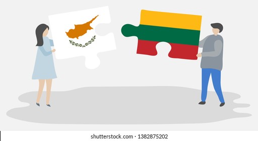 Couple holding two puzzles pieces with Cypriot and Lithuanian flags. Cyprus and Lithuania national symbols together.