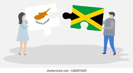 Couple holding two puzzles pieces with Cypriot and Jamaican flags. Cyprus and Jamaica national symbols together.