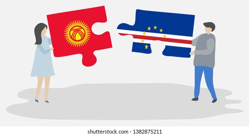 Couple holding two puzzles pieces with Kirgiz and Cabo Verdean flags. Kyrgyzstan and Cape Verde national symbols together.