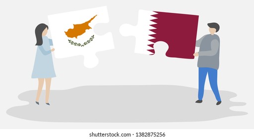 Couple holding two puzzles pieces with Cypriot and Qatari flags. Cyprus and Qatar national symbols together.