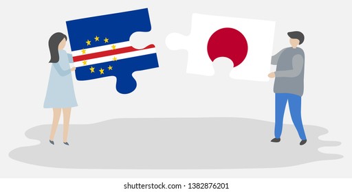 Couple holding two puzzles pieces with Cabo Verdean and Japanese flags. Cape Verde and Japan national symbols together.