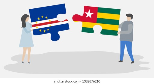 Couple holding two puzzles pieces with Cabo Verdean and Togolese flags. Cape Verde and Togo national symbols together.